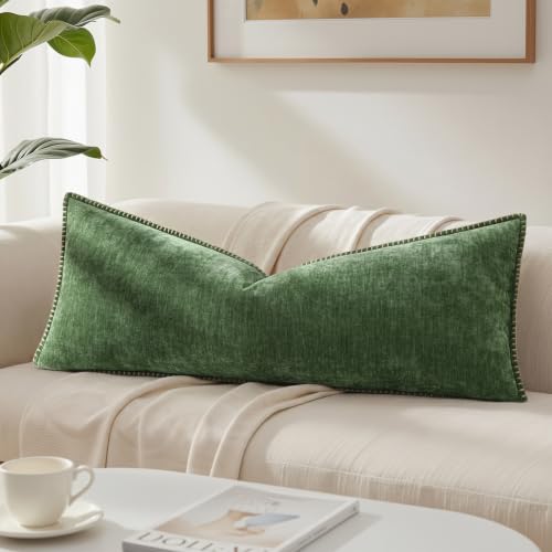 Image of decorUhome Fall Chenille Soft Cozy Throw Pillow Covers 14x36 Set of 1, Modern Farmhouse Boho Velvet Decorative Pillow Cases with Stitched Edge for Couch Sofa Bed Home Decor, Forest Green