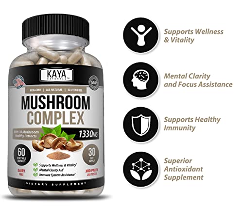 Kaya Naturals Premium Mushroom Complex Potent | Organic Mushroom Supplement| Mushroom Complex Capsules 1995Mg Per Serving - Aids Mental Clarity Supports Immune System, Wellness & Vitality | 60 Count #TOP2