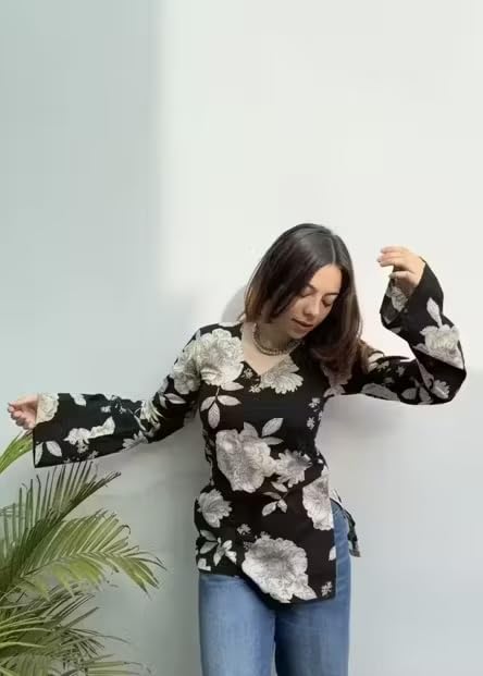 Image of FELISIA Women's Rayon Floral Printed Full Sleeves V-Neck Short Kurti, Bell Sleeves, Short Kurti for Woman, Stylish Ethnic Top, Daily Casual Western & Office wear