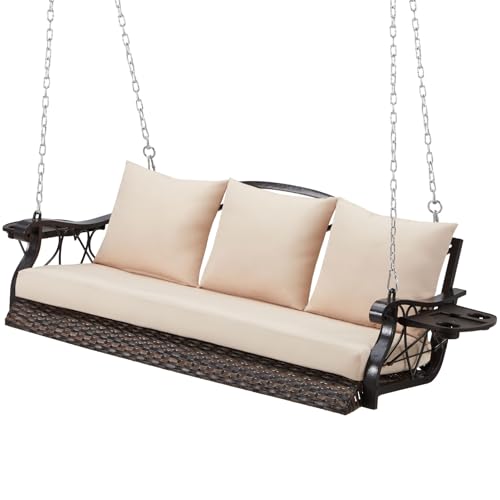 ZZW 3-Person Wicker Porch Swing Chair Heavy Duty 900 LBS