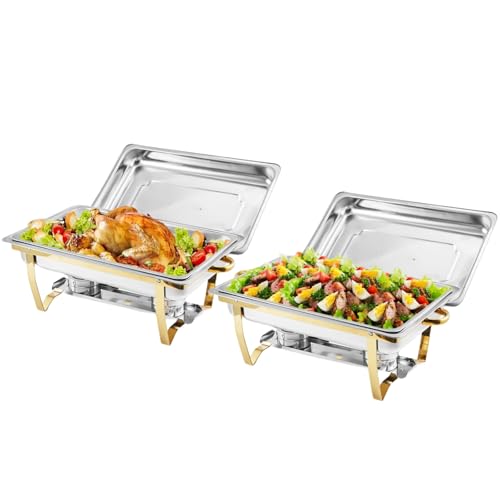 Takywep Chafing Dish Buffet Set 2 Pack, 8 Qt Stainless Steel Chafer Buffet Servers and Warmers Sets with Lid Folding Frame, Rectangular Chafing Dishes for Parties, Weddings, Catering Events, Gold