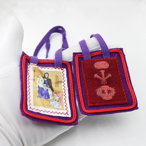 MERCILIA MEISHILAI 7,6 x 6,3 cm fioletowa szkaplerz - Escapulario Morado de Bendición y Protección wełniana szkaplerz na czasy końcowe - zawiera fioletową aksamitną torebkę i kartę modlitewną