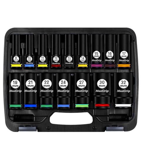 MAXGRIP 1/2 Impact Socket Set –16 Piece Metric Sizes (8mm–32mm)– Impact Wrench Tool Kit, Car Tool Kit and Hand Tools – Complete Tool Set for Automotive Tools, Mechanic Tool Set, and Tool Kit for Home
