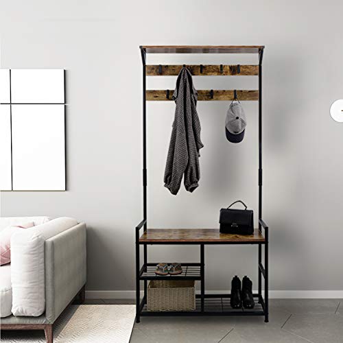 Appendiabiti TecTake Con Panca E Ripiani – 9 Ganci + Asta, Struttura In Acciaio, Legno Scuro, 85,5x36x184 Cm – Per Ingresso E Corridoio