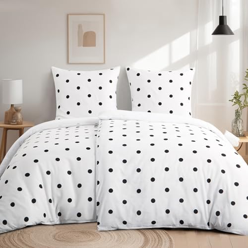 Tifschlaf Bettwäsche 135x200 4teilig, 2 Bettbezüge 135 x 200 mit 2 Kissenbezüge 80x80 cm, ÖKO-TEX Mikrofaser Bettwäsche-Sets Polka Dot Muster Weiß, Weich & Bügelfrei mit Reißversch