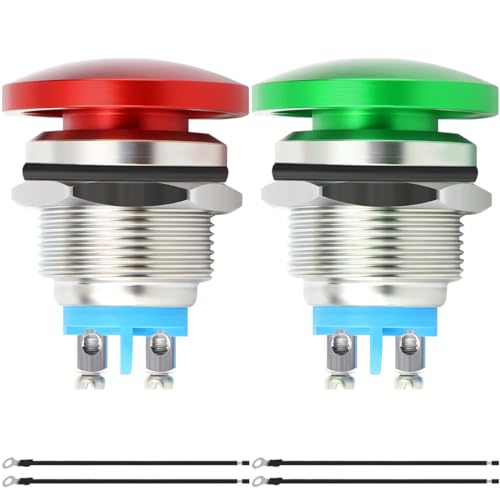 MKBKLLJY 2Pcs 22mm Mushroom Head Push Button Switch Momentary Push Button IP65 Waterproof DC 12V 3A AC 110V 5A SPST with Domed Screw and Terminal Wires for Car Boat Truck Dryer 2Color(Red/Green)