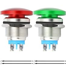 2Pcs 22mm Mushroom Head Push Button Switch Momentary Push Button IP65 Waterproof DC 12V 3A AC 110V 5A SPST with Domed Screw and Terminal Wires for Car Boat Truck Dryer 2ColorRed/Green