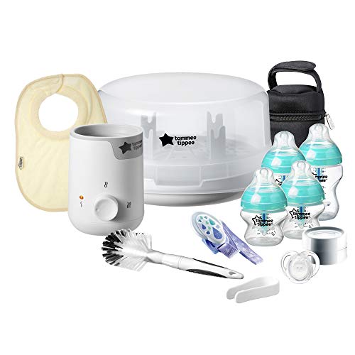 Tommee Tippee Advanced Anti-Colic Ready for Baby Bottle Set, 5oz and 9oz Self-Sterilizing Bottles, Slow and Medium Flow, 0-6 Month Pacifiers, Travel Bottle Warmer, Removable Bottle Handles