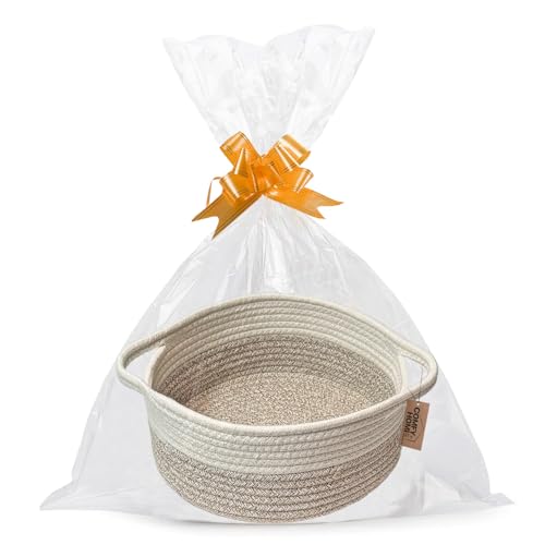 COMFY HOMI Small Woven Gift Baskets with Handles, Gift Bags and Ribbons - Cotton Rope Storage Basket for Organizing, Dog Toy Basket Box, Gift Baskets Empty, Mother’s Day-?11X5 Inch,?white/brown?