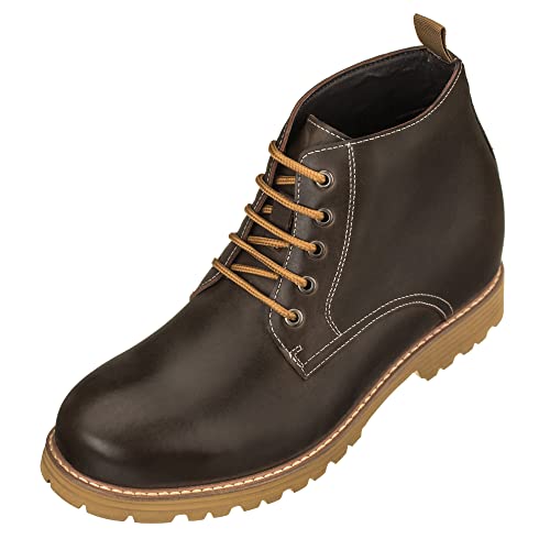 Image of CALTO Men's Invisible Height Increasing Elevator Shoes - Dark Brown Premium Leather Lace-up Round-toe Work Boots - 3.4 Inches Taller - S8752 - Size 6 D(M) US