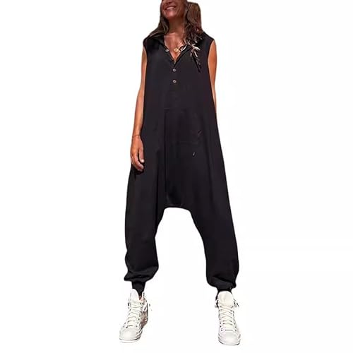 ThiCc Women's Sleeveless Hooded Jumpsuit - Drop Crotch Button Up Tapered Leg Solid Hoodie Overall Summer Casual Long Harem Pants Loose Jogger Romper with Pockets (Black,M)