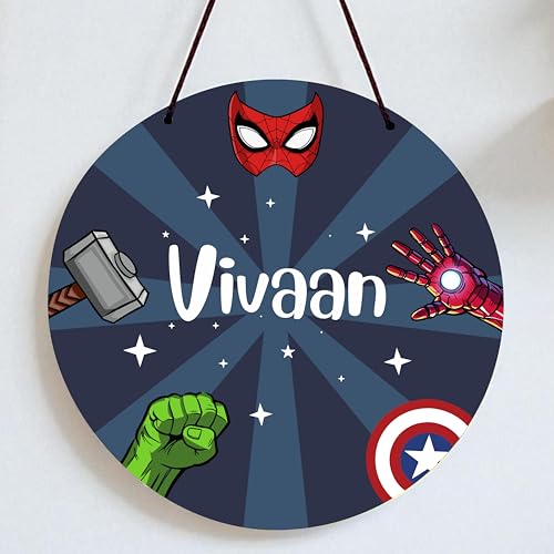 Goodi Cart Customized Superhero Name Hanging for Kids (10 x 10 Inch) | Personalized Kids Room Door Sign | Superhero Theme Name Plate | Nursery & Bedroom Wall Décor (MARVEL-1)