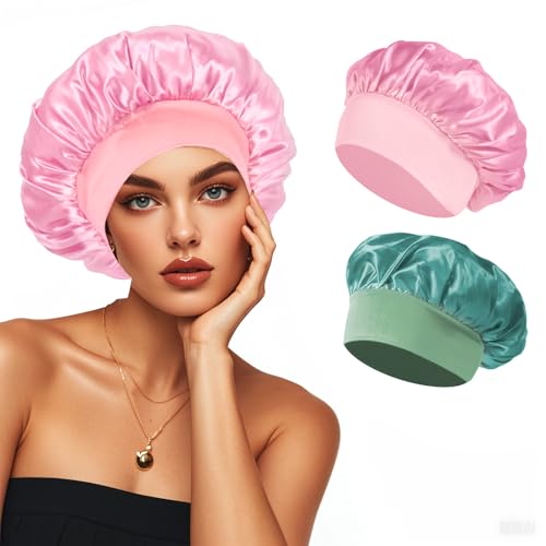 2 Pcs Satin Bonnet Shower Caps, Silk Hair Bonnet for Sleeping, Elastic Wide Band Sleep Cap
