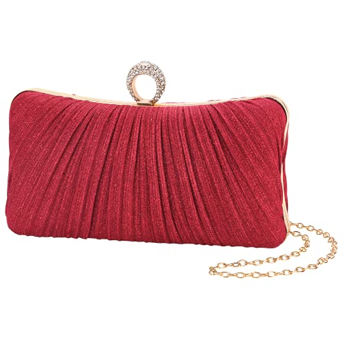 Image of Womens Golden Glitter Clutch Purse Pleated Evening Bag for Bridal Wedding Party with Rhinestone Ring