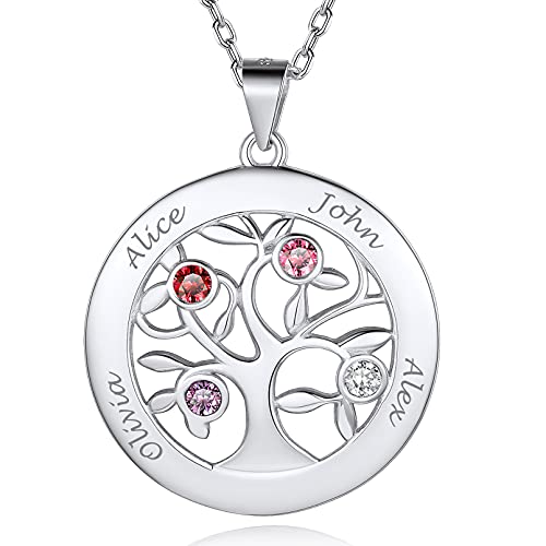 Custom4U Personalized Birthstone Name Necklace - Heart & Round Pendants Sterling Silver & Stainless Steel Family Tree of Life Charm Mother's Day Jewelry Gift for Women Mom Grandma 1-925 Silv