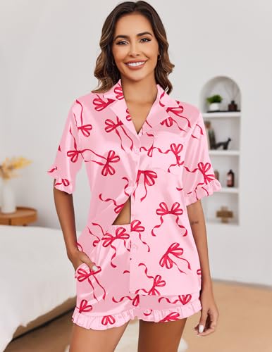 Image of Ekouaer Satin Pajama Set for Women 2 Piece Pj Sets Short Sleeve Sleepwear