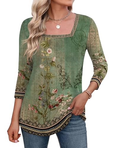 LOMON Women's 3/4 Sleeve Shirts Square Neck Summer Tops Dressy Casual Basic Tees Ladies T Shirts Blouses