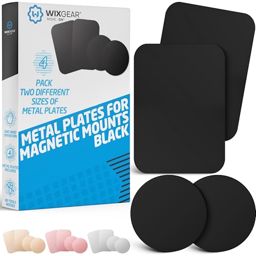 Mount Metal Plate with Adhesive for Magnetic Cradle-Less Mount by WixGear - X4 Pack 2 Rectangle and 2 Round (Compatible with Magnetic mounts) (Black)