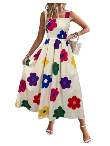 Image of Floerns Women's Flower Print Sleeveless Sundress Square Neck Vacation Long Dress