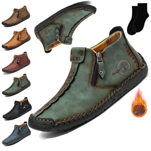 Phanile Mens Shoes, Phanile Orthopedic Walking Shoes, Men's Outdoor Casual Non-Slip Comfy Arch Support Waterproof Walking Shoes Breathable Light & Zipper Orthopedic Sneakers(Green Plus Velvet,US 9.5)