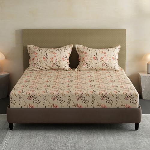 Image of Layers 100% Cotton Fitted Sheet for King Size Bed | Lumina Floret Collection | 144 TC Soft & Breathable | Floral Print with 2 Pillow Covers | Wrinkle Free & Colorfast | 3 Pc Bedding Set - Beige