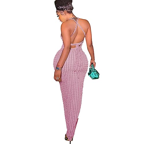 Image of RARITYUS Women's Lace Up Bodycon Maxi Dress Sexy Low Cut Backless Sleeveless Textured Long Party Club Dresses