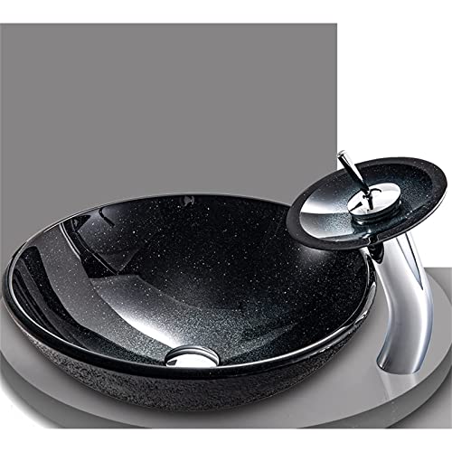 Countertop Basin Sink For Bathrooms Nordic Tempered Glass, Sink Tap Black Starry Sky,bathroom Wash Basin Sink Single Basin And Waterfall Hot And Cold Water Fau (Round Sin