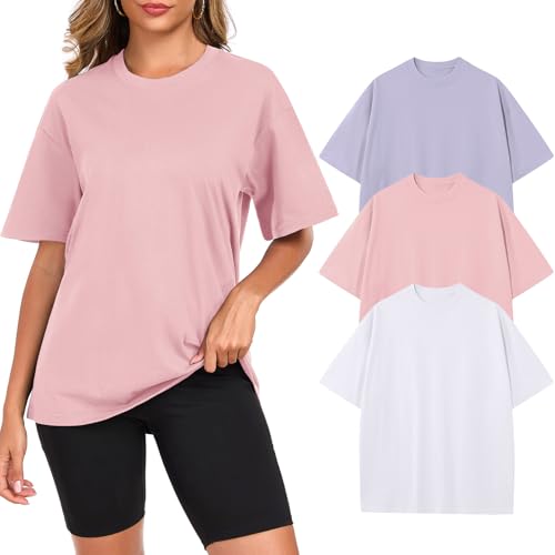 Womens Oversized Cotton T Shirts Crewneck Short Sleeve Tops Heavyweight Casual Loose Fit Drop Shoulder Fashion Tees