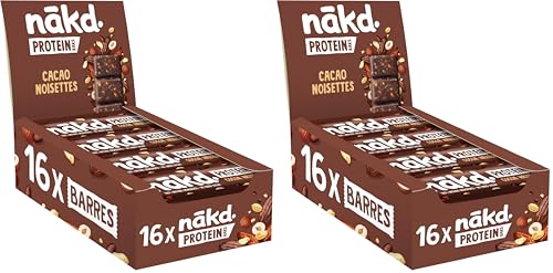 Nākd. Protein Cacao Avellana | Barritas Proteícas | 7g de Proteína de Origen Vegetal |100% Ingredientes Naturales | Sin Azúcar Añadido | Vegano | 16 x 45g | 720g (Paquete de 2)
