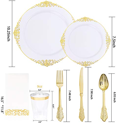 Nervure 175PCS White and Gold Plastic Plates - Disposable Dinnerware Set Include 50 Gold Plates for Dinner and Dessert, 75 Cutlery, 25Cups 25Napkins for Wedding & Party & Thanksgiving - Image 4