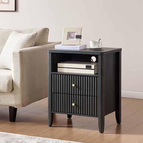 Image of Fluted Nightstand with Charging Station Set of 2, 21 inch Wide Modern Bedside Table with 2 Drawers & Open Shelf, Wood End Table with Storage & Metal Handle for Bedroom, Small Spaces, Black Grey
