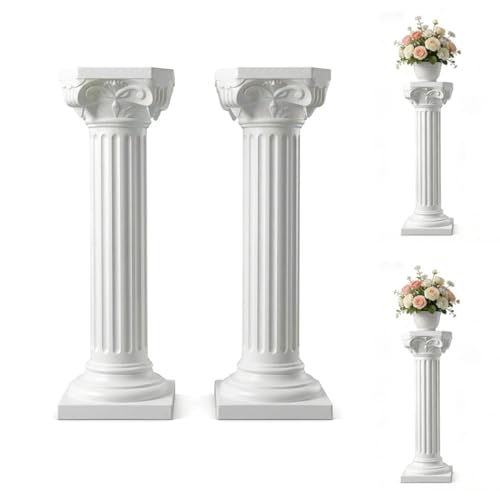 MXOYOXM 2 Pcs Vintage Wedding Roman Pillars 34.65 Inch High Plastic Wedding Columns and Pillars White Pillar Stand for Ceremonies Events Banquets Flower and Plant Display
