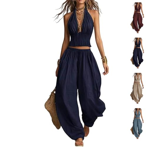 Conjunto de dos piezas de camiseta corta y pantalones harén de algodón y lino para mujer