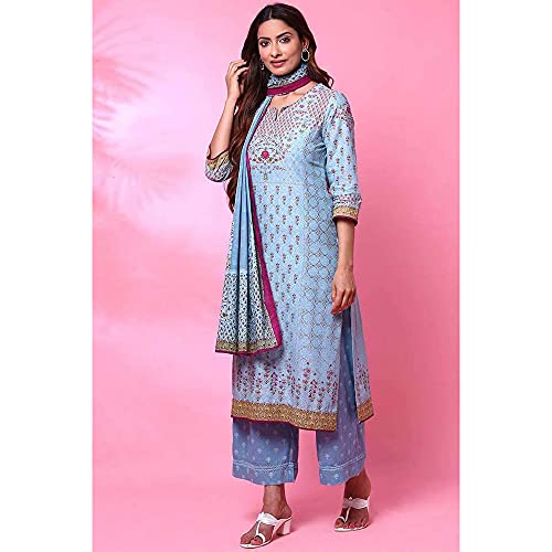 Image of BIBA Women Cotton Straight Printed Suit Set