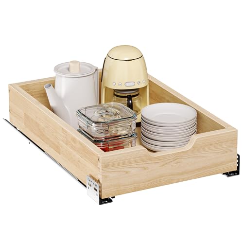 Pull Out Cabinet Organizer, 13.5 in W x 21 in D Solid Wood Slide Out Drawer, Soft Close Sliding Shelf, Bottom or Side Mount for Kitchen Pantry Bathroom, Fits 14.5 in Cabinet Opening
