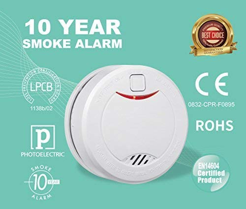 10 Year Battery Smoke Detector Alarm, With Photoelectric Sensor, Auto Test #TOP1