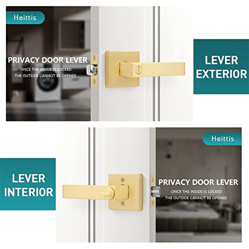2 Pack Door Lever With Privacy Lock Silver Square Heavy Door Handle-Ideal For Bathroom/Bedroom-Stain Brass Finish–Fits Right & Left Handed Doors #TOP1