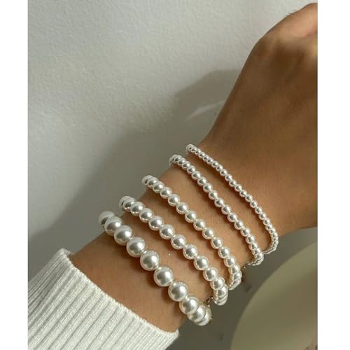 ZAHSY Stackable Stretch Pearl Bracelets for Women Elastic Layered Bracelets for Women Bridal Bridesmaid Bracelet for Wedding Pearl Bracelet Set2
