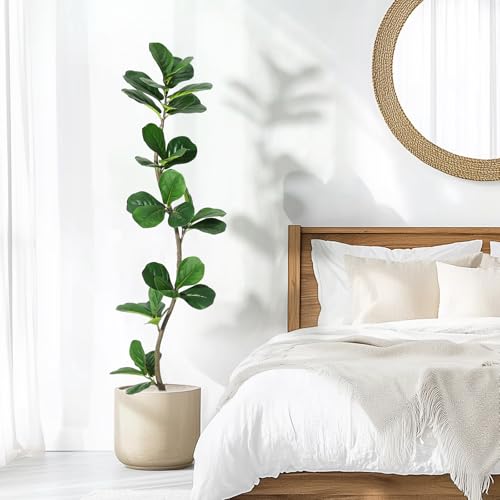 S-Shape Artificial Fiddle Leaf Fig Tree, 5ft Tall Fake Plant with Black Nursery Planter, Faux Ficus Tree for Home Office Living Room Decor