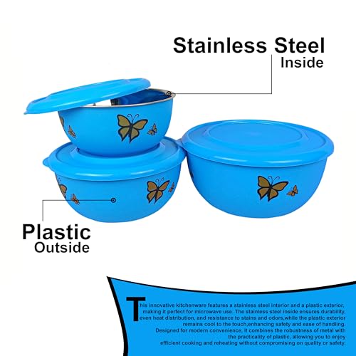 Image of Microwave Safe Stainless Steel Food Storage Container with Lid | Euro Mixing Bowl Set for Kitchen | 500ml, 800ml, 1250ml | Pack of 3 | Leak-Proof (Classic Blue Butterfly)