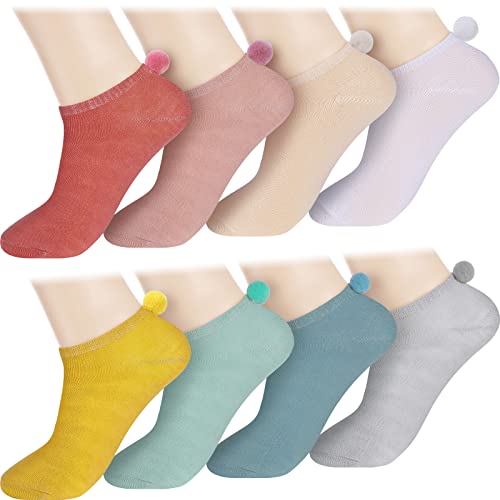 Vicenpal 8 Pairs Women Pom Pom Socks Ankle with Balls on the Back Cosplay Seamless Socks(0.8 Inch Elegant Colors)