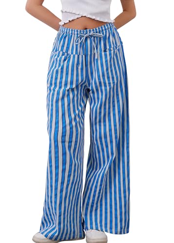 Women Loose Striped Wide Leg Pants Casual Drawstring Low Waist Pants Baggy Contrast Lounge Pants Straight Leg Trouser