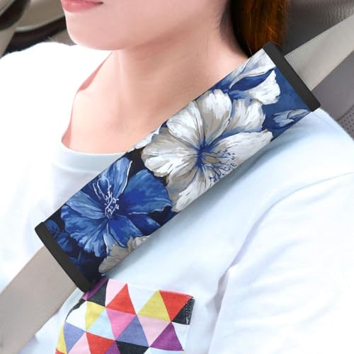 2 cuscinetti per cinture di sicurezza per auto, universali, copertura per cintura di sicurezza per auto, grandi fiori blu e bianchi, imbottiture per cinture di sicurezza, accessori interni auto