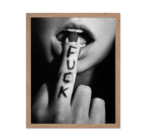 Poster Master Fuck Print - Middle Finger Poster - Sexy Lips Art - Black and White Photography Wall Design - Self Expression Art - Modern Bedroom or Living Room Wall Decor - 16x20 Beige Framed