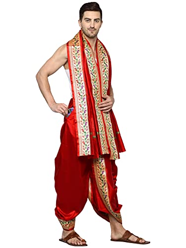 Image of Rameshwaram Fabrics Readymade Dhoti for Men, Velcro Style Stitched Mens Silk Dhoti Pant with Stole Set