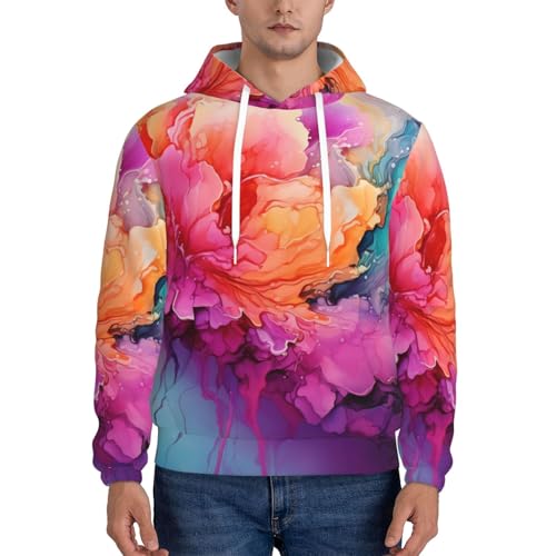 Men's Fleece Pullover Hoodie Long Sleeve Hooded Colorful Watercolor Painting Sweatshirt Casual Shirts With Pockets Small Black2