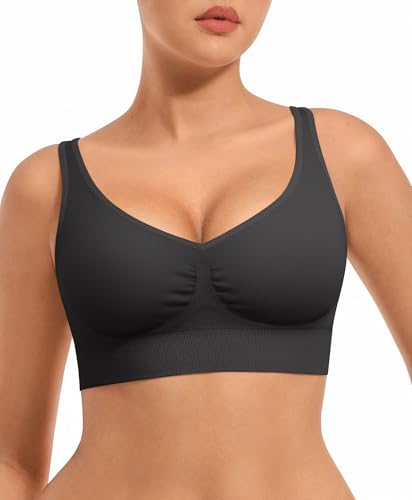 FeelinGirl Bralettes para mujer, sin aros, cómodos, para uso diario, escote en V profundo, sin costuras, de apoyo y cobertura completa, sin varillas, Negro -, Medium