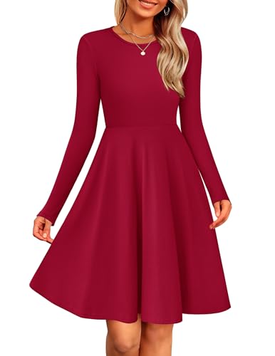 Zeagoo Damen Strickkleid A Linie Elegant Langarm Winterkleid Herbst Rundhals Freizeitkleid Leichte Pulloverkleid Lässiges Tunikakleid Rot S