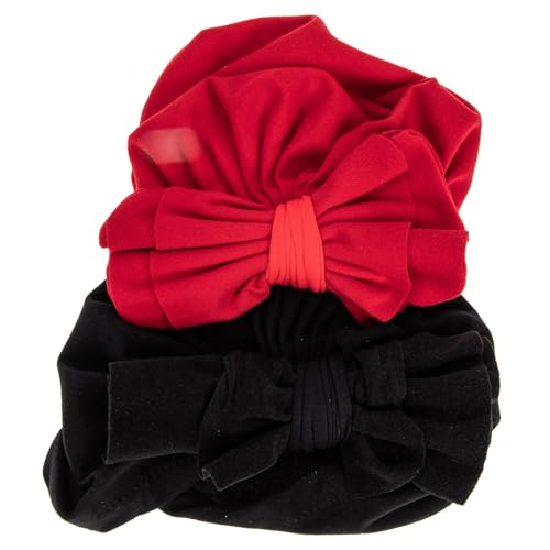 ULTECHNOVO Turbantes para Bebés 0-6 Meses Lazo, Gorros Suaves y Elásticos para Recién Nacidos, Pack 2 Unidades (Negro y Rojo) Ideales para Hospital y Uso Diario