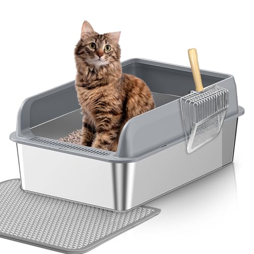 Lohofrnny rostfritt stål kattlåda, stor, stängd design med höga väggkanter, läckagesäker, luktfri, lätt att rengöra, kattlåda rostfritt stål med kattströspade och matta 60 × 40 × 25 cm